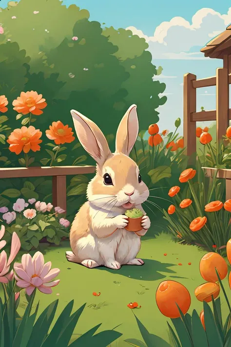 master piece, high quality, A cute little rabbit, eating carrots, in the garden , <lora:J_illustration:0.8>,chibi,