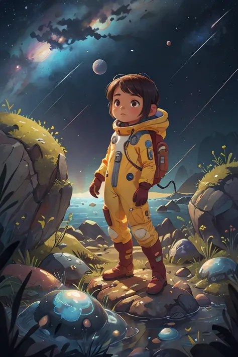 a Chilean girl in a wasteland, explorer suit, alien planet, space, starfield, kid, Rocky Shore, <lora:COOLKIDS_MERGE_V2.5:1>