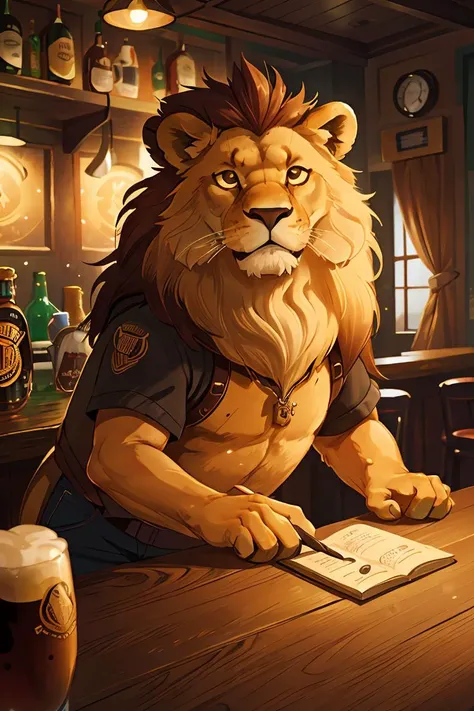 (close-up:1.3) a lion, on A classic, vintage Irish pub with wooden bar stools and Guinness on tap, nature, (natural elements), (particle effects),glow sprite, with a glowing, <lora:COOLKIDS_MERGE_V2.5:1>,  <lora:add_sharpness:0.5>