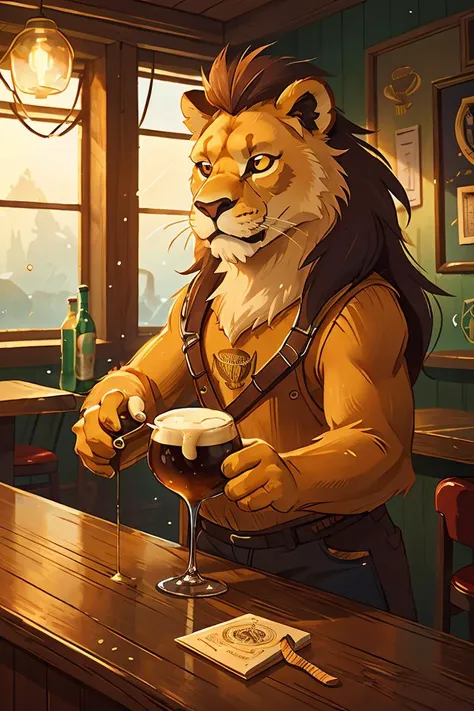 solo, male focus, lloydip, lion, blue eyes, blue nose, blue tongue, mane, vest, shirt, bow, sitting on chair, looking at viewer, smile, open mouth, teeth, detailed bar background, sunlight, masterpiece, intricate, ((detailed face, detailed eyes)), (by takemoto arashi, by thesecretscaves), by oreocakes, by ifus, erection, thick cock, 4k, hi res, best quality,