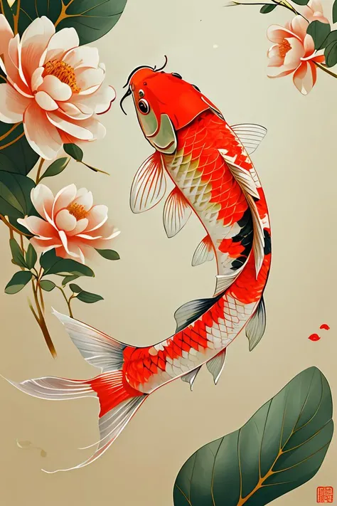 master piece,high quality,illustration,Chinese digital painting,vector,carp,clean background,flowers,flat,<lora:ãæ¥èloraãå¤å¤é¦é²¤ æ°å¹´æµ·æ¥_v1.0:0.8>,Chinese ink painting
