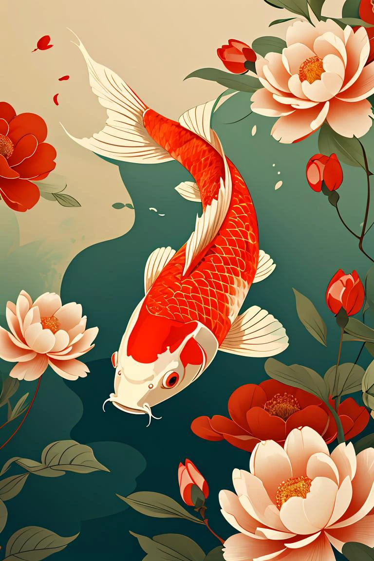 master piece,high quality,illustration,Chinese digital painting,vector,carp,clean background,flowers,flat,<lora:ãæ¥èloraãå¤å¤é¦é²¤ æ°å¹´æµ·æ¥_v1.0:0.8>,Chinese ink painting
