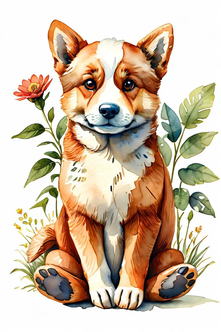 master piece,high quality,vintage watercolor,illustration,cute,stuffed animal,a cute Corgi,plant,flower,on a white background,<lora:ãç»æ¬æç»ãæ°´å½©é£æ ¼æç» ç»æ¬æ
äº å¨ç©ä¸»é¢_v1.0:0.8>,