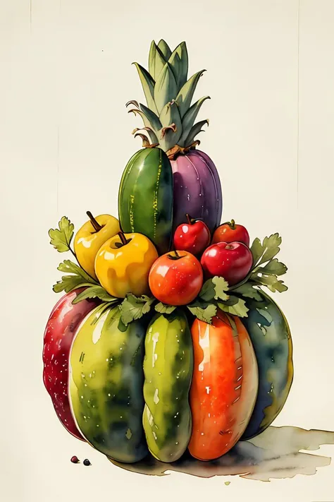 master piece,high quality,vintage watercolor,illustration,cute,stuffed animal,Various vegetables and fruits, still life,<lora:ãç»æ¬æç»ãæ°´å½©é£æ ¼æç» ç»æ¬æ
äº å¨ç©ä¸»é¢_v1.0:0.8>,no humans,