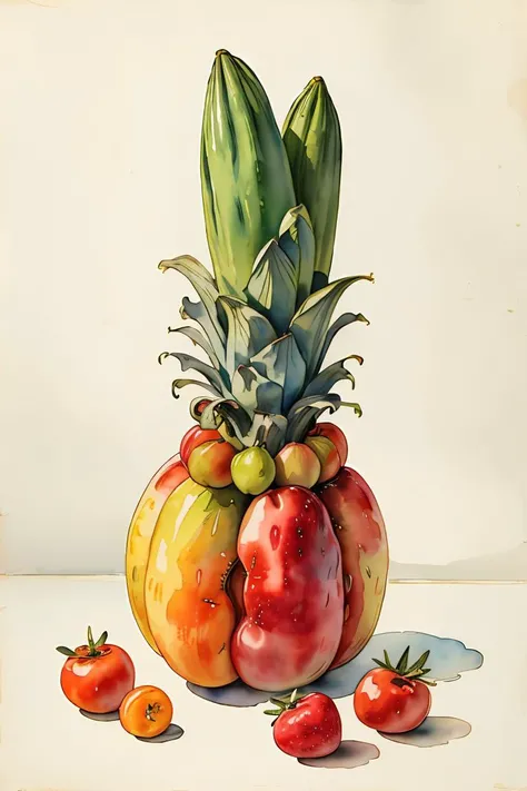 master piece,high quality,vintage watercolor,illustration,cute,stuffed animal,Various vegetables and fruits,still life,<lora:ãç»æ¬æç»ãæ°´å½©é£æ ¼æç» ç»æ¬æ
äº å¨ç©ä¸»é¢_v1.0:0.8>,no humans,