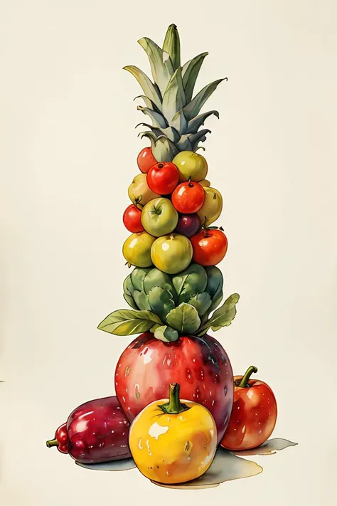 master piece,high quality,vintage watercolor,illustration,cute,stuffed animal,Various vegetables and fruits,still life,<lora:ãç»æ¬æç»ãæ°´å½©é£æ ¼æç» ç»æ¬æäº å¨ç©ä¸»é¢_v1.0:0.8>,no humans,