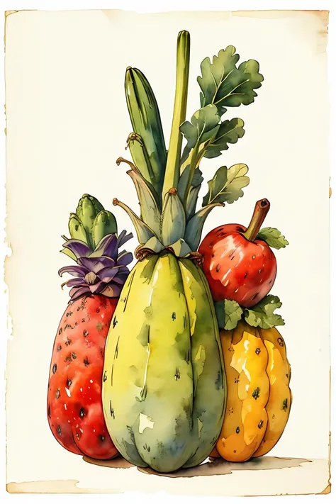 master piece,high quality,vintage watercolor,illustration,cute,stuffed animal,Various vegetables and fruits, still life,<lora:ãç»æ¬æç»ãæ°´å½©é£æ ¼æç» ç»æ¬æäº å¨ç©ä¸»é¢_v1.0:0.8>,no humans,