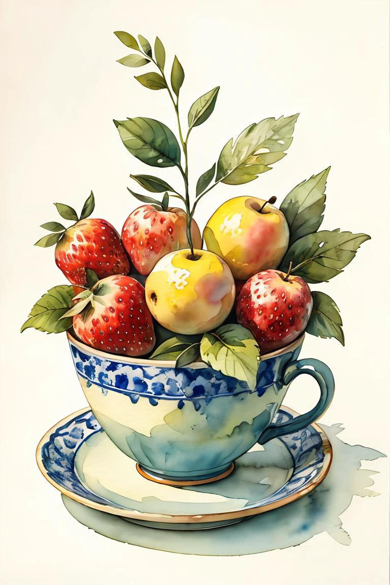 master piece,high quality,vintage watercolor,illustration,cute,Sketching still life,fruits,leaves,cups,<lora:ãç»æ¬æç»ãæ°´å½©é£æ ¼æç» ç»æ¬æ
äº å¨ç©ä¸»é¢_v1.0:0.8>,no humans,