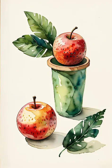 master piece,high quality,vintage watercolor,illustration,cute,Sketching still life, fruits, leaves, cups,<lora:ãç»æ¬æç»ãæ°´å½©é£æ ¼æç» ç»æ¬æäº å¨ç©ä¸»é¢_v1.0:0.8>,no humans,