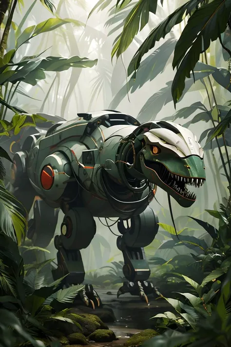 masterpiece,high quality,A robot dinosaurs,in the tropical rainforest,<lora:J_sci-fi-v1.0:0.8>,j_sci-fi,mecha,