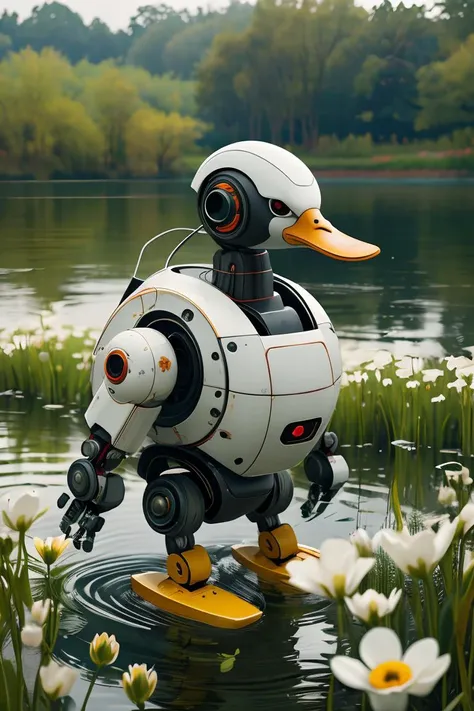 masterpiece, high quality, A robot duck, by lake, flowers,<lora:J_sci-fi-v1.0:0.8>,j_sci-fi,mecha,