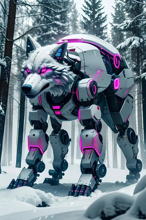 masterpiece, high quality, a robot wolf, blue and pink neon lights,in the forest,snow ,<lora:J_sci-fi-v1.0:0.8>,j_sci-fi,mecha,