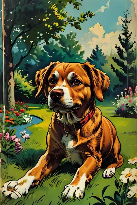 master piece, high quality, a dog,play in the garden, J_comic_book, <lora:J_comic_book:0.8>