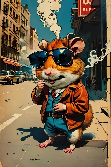 master piece, high quality, a hamster, smoking, wear sunglasses, in the street, J_comic_book, <lora:J_comic_book:0.8>