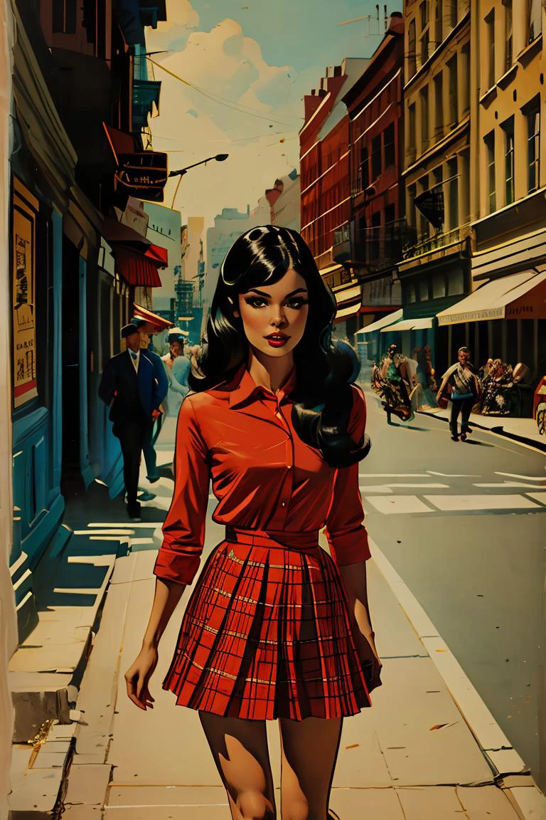 masterpiece, high quality, a beautiful girl, long black hair, shirt and skirt, in the street, J_comic_book, <lora:J_comic_book:1>,