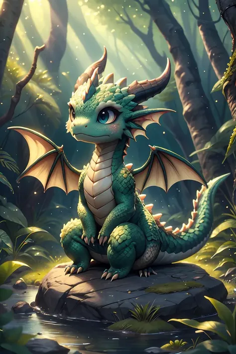 ral-smoldragons, a small dragon sitting on a rock in the middle of a forest  <lora:ral-smoldragons:0.8>ï¼best quality,masterpiece,