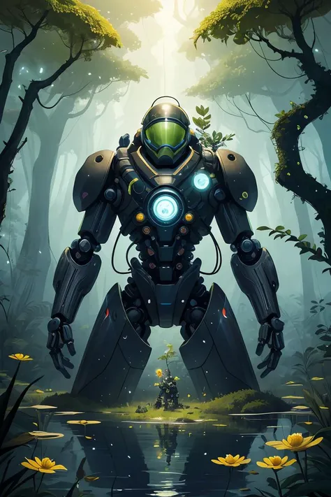 illustration-style picture of a biomechanical entity. The entity is a fusion of technology and nature,with a helmet that resembles a diving suit,its surface covered in verdant moss,handing a flower to viewer,twisting vines,and bright,exotic flowers. Its arms are heavy and robotic,adorned with peaceful symbols and patterns. The backdrop is an enchanted swamp,filled with a mystical fog,gnarly trees,and a spectrum of swamp flora. Fireflies dot the air with their luminescent glow. The illustration should have a whimsical and fantastical feel,with vibrant colors and a hand-drawn quality that emphasizes the enchanting aspects of the scene and the organic-meets-mechanical theme.,