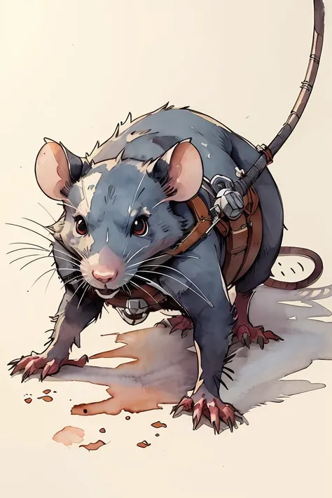 <lora:Mechanimals:0.3>,2d artwork,sketch,ink and watercolor artwork,a (mechanized:0.5) rat,