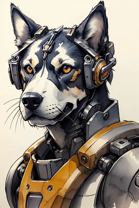 <lora:Mechanimals:0.6>, sketch, ink and watercolor artwork, a mechanized dog,