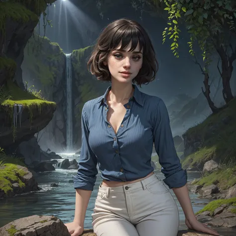 close-up+ shot, european woman <zooeydeschanelsd15> sitting on stone in the dark ancient dungeon+, she wearing a (dark blue)+ shirt, white+ pants, unbuttoned, long sleeves, short black hair, curvy body, gray eyes, huge lips, freckles, eyeshadows, pale skin, broken walls, overgrown, moss, rocks+, waterfall, blue lighting, god rays, night+, (cinematic look)+, (dim lighting)+, backlighting, best quality, detailed, masterpiece
