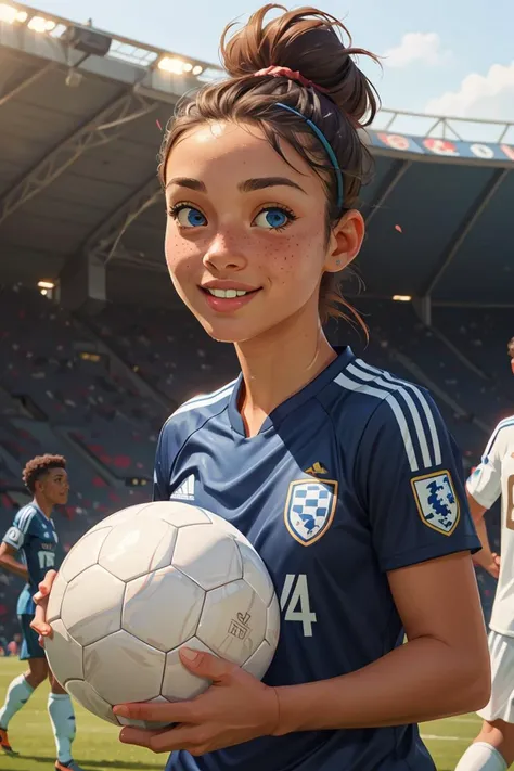 beautiful:1.2, (cute:1.3) (curvy:0.7), female soccer player in a crowded stadium, soccer ball, (smiling:0.7), detailed skin, (realistic skin:1.2), (freckles:0.9), blue eyes, full lips, broad cheek, masterpiece, ultra realistic, realistic light, (saturation), photorealistic, best quality, <lora:GoodHands-vanilla:1>