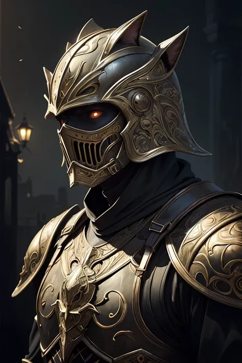 (realistic:1.3), poster,intricate details,painting \(artwork\), ((masterpiece,best quality)), ((cinematic light)), cat,hybrid,hyperealistic, scary, dark fantasy \(style\), detailed armor, detailed helmet,<lora:GoodHands-beta2:1>,