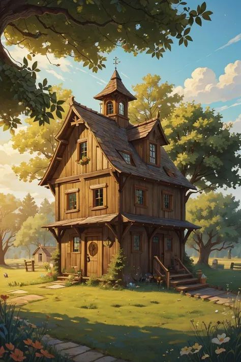 (Masterpiece, best quality:1.2),wooden fortress,village,big ol oak on island,wooden farm,