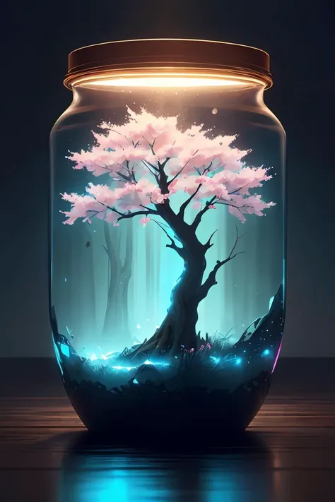 masterpiece,high quality,best quality,sakura tree in a bottle,fluffy,realistic,atmospheric light refraction,by lee jeffries nikon d850 film stock photograph 4 kodak portra 400 camera f1.6 lens rich colors hyper realistic lifelike texture dramatic lighting unreal engine trending on artstation cinestill 800,Style-Glass,adstech,scifi,<lora:AdsTech-20:0.8>,