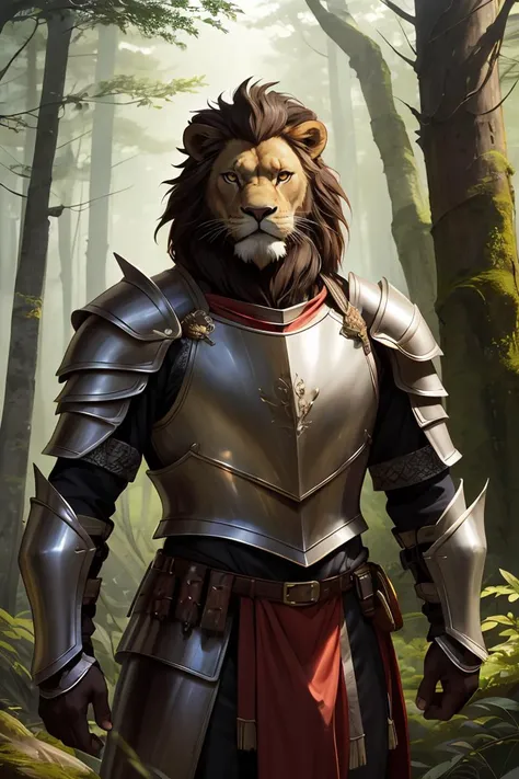 armor, solo, male focus, 1boy, furry, furry male, forest, lion, nature, tree, beard, breastplate, shoulder armor, facial hair, pauldrons,<lora:GoodHands-beta2:1>,