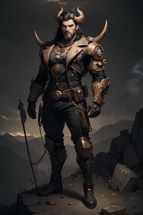 ((Anthropomorphic bull)),musculous,Steampunk clothing,Mechanical gears integrated into clothing,Intricate patterns on clothing,sturdy leather bootsvSteam power accessories,Brass buttons and buckles,copper accents,metal arm gloves,Gears and cogs protruding from the arms,standing on top of a mountain,Smoke and steam emitted by characters,melancholy lighting,Dark and atmospheric background,Rusty metal texture,Vintage color palette,Tough and rugged aesthetic,Energetic posture,Art Nouveau inspiration,dramatic shadow,intricate tattoosï¼best qualtiyï¼all structuresï¼masterpieceï¼1.2ï¼,<lora:GoodHands-beta2:1>