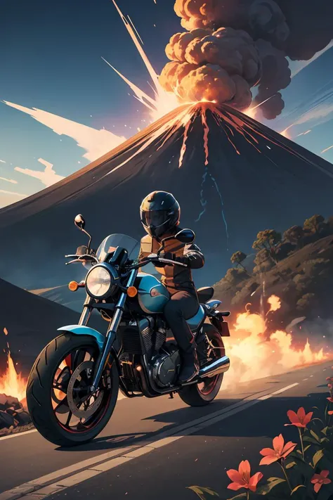 masterpiece, motorcycle,flower,character,art, volcano explosion, colorful, top quality, official art, beautiful and aesthetic, <lora:GoodHands-beta2:1>