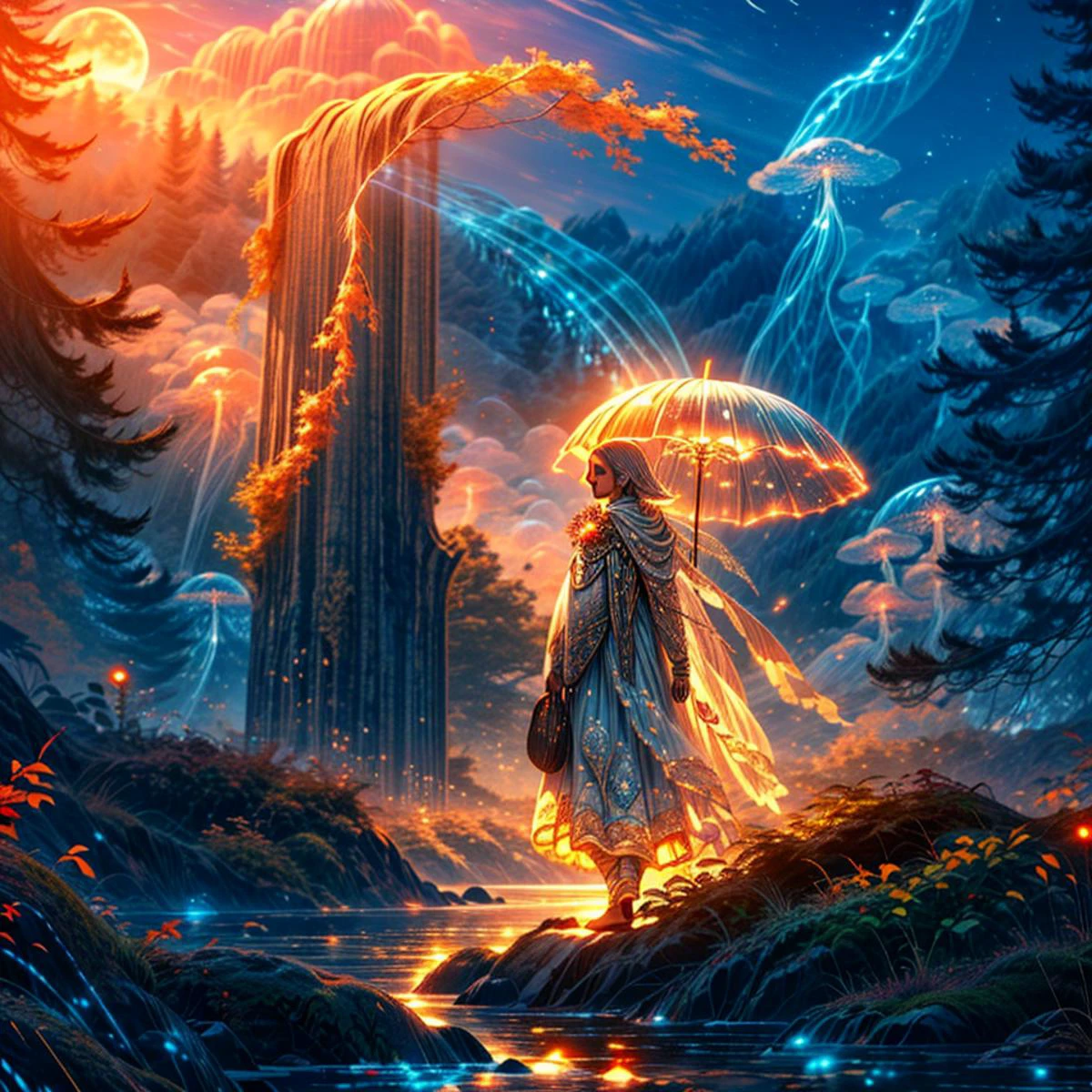 dark fantasy, 1girl, beautiful, long dress white, short hair, smile, <lora:J_diagram:0.8>, J_diagram, bioluminescent, <lora:more_details:1>, fullscreen, no border, white hair, sun in the sky,<lora:LCM_LoRA_Weights:1><lora:jellyfish-noise:1.3>, fantasy jelly fish in water