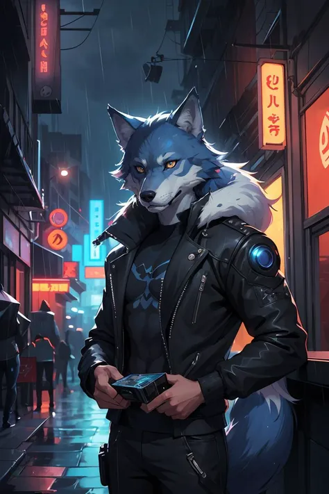 award winning beautiful portrait commission of a male furry anthro Blue wolf fursona with a tail and a cute beautiful attractive detailed furry face wearing stylish black cyberpunk clothes in a cyberpunk city at night while it rains. Character design by charlie bowater, ross tran, artgerm, and makoto shinkai, detailed, inked, western comic book art