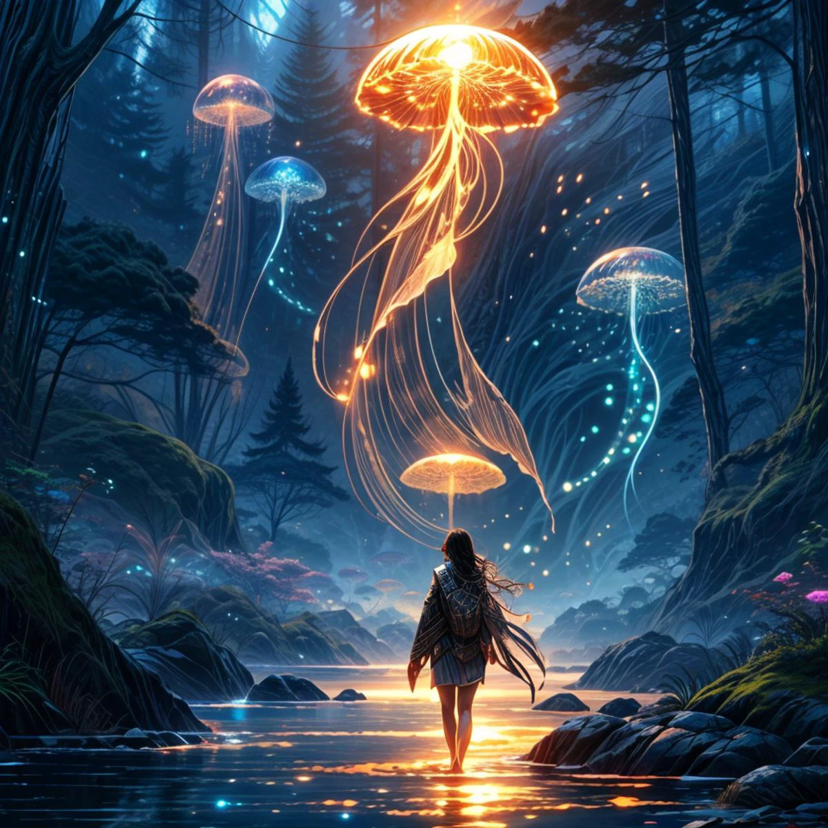 fantasy style, beautiful woman, fantasy jelly fish in water <lora:LCM_LoRA_Weights:1> <lora:jellyfish-noise:1>, <lora:J_diagram:0.5>, J_diagram, bioluminescent, <lora:more_details:1>