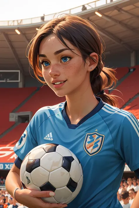 beautiful:1.2, (cute:1.3) (curvy:0.7), female soccer player in a crowded stadium, soccer ball, (smiling:0.7), detailed skin, (realistic skin:1.2), (freckles:0.9), blue eyes, full lips, broad cheek, masterpiece, ultra realistic, realistic light, (saturation), photorealistic, best quality, <lora:GoodHands-vanilla:1>