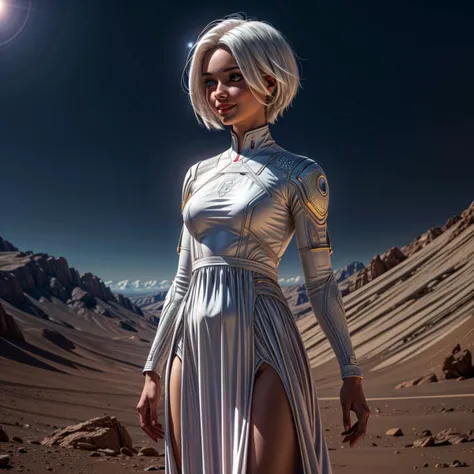 manga, dark manga, a girl on mars, beautiful, long dress white, short hair, smile, <lora:J_diagram:0.6>, J_diagram, bioluminescent, cinematic light, <lora:more_details:1>, fullscreen, no border, white hair,