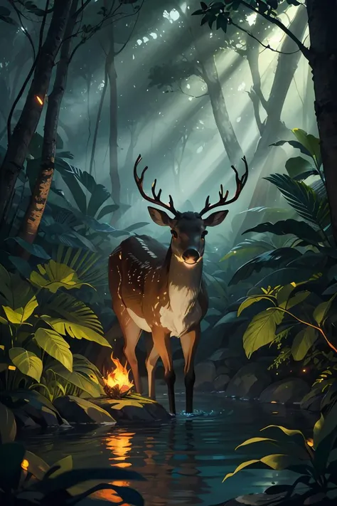 (Masterpiece, best quality:1.2),(best illustration),(best shadows),glow sprite,with a glowing deer,in the swimming pool Drinking water,natural elements in the forest theme. Mysterious forest,beautiful forest,nature,surrounded by flowers,delicate leaves and branches surrounded by fireflies (natural elements),(jungle theme),(leaves),(twigs),(fireflies),(particle effects) etc. 3D,Octane rendering,ray tracing,super detailed