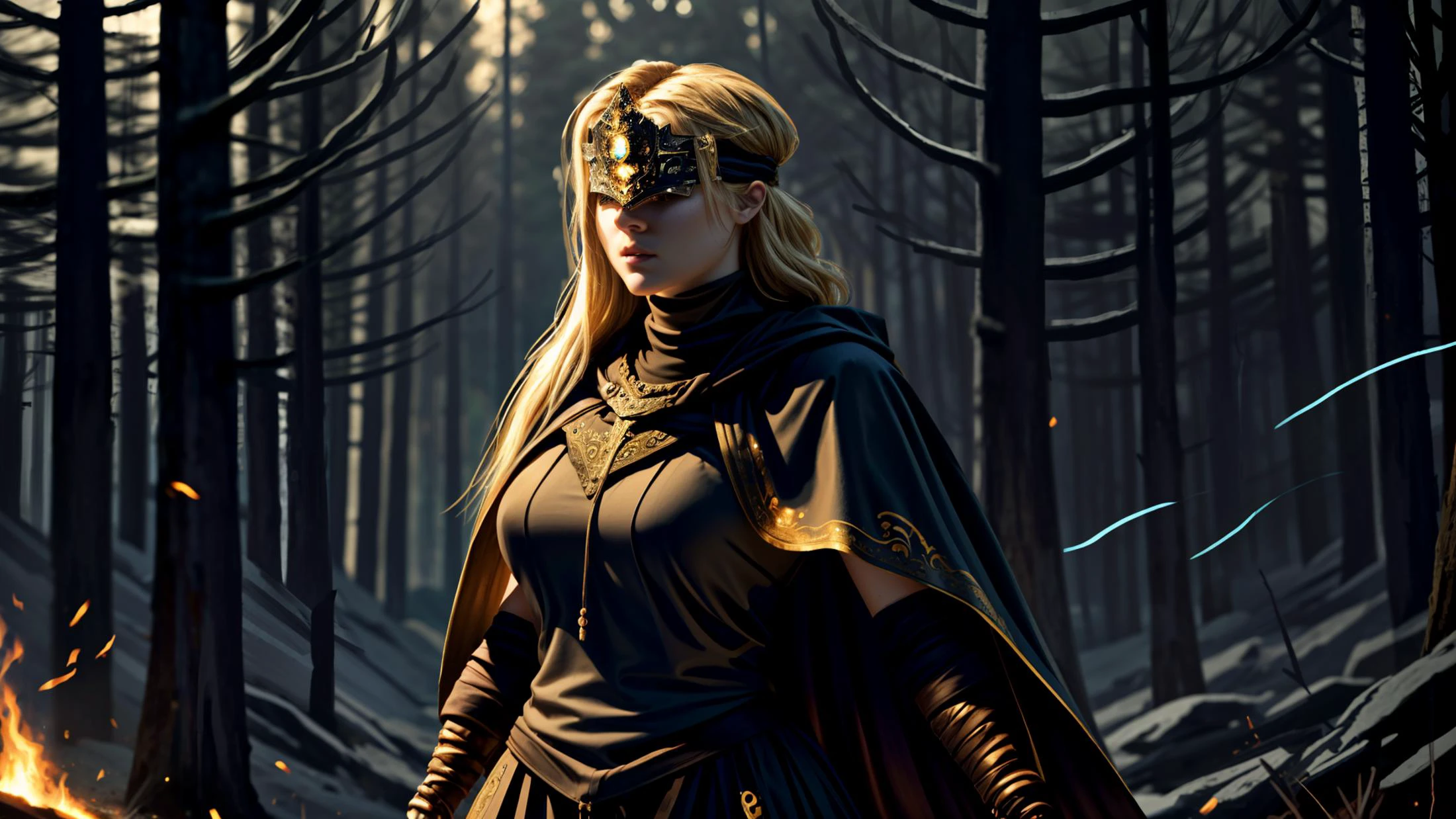 (DarkFantasy), masterpiece, best quality, absurdres, (firekeeper:1.2), cape, cloak, jewelry, dress, capelet, bandaged arm, (masked eyes:1.2), blonde long hair, curvy, massive breasts, (thick thighs), (dynamic pose:1.3), forest, bonfire, cinematic composition, dark lighting, flame light, <lora:firekeeper2:0.8> , <lora:J_diagram:0.8>, J_diagram, bioluminescent, (visible mouth:1.2), <lora:more_details:0.7>