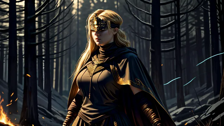 (DarkFantasy), masterpiece, best quality, absurdres, (firekeeper:1.2), cape, cloak, jewelry, dress, capelet, bandaged arm, (masked eyes:1.2), blonde long hair, curvy, massive breasts, (thick thighs), (dynamic pose:1.3), forest, bonfire, cinematic composition, dark lighting, flame light, <lora:firekeeper2:0.8> , <lora:J_diagram:0.8>, J_diagram, bioluminescent, (visible mouth:1.2),  <lora:more_details:0.7>