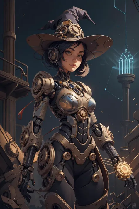 (Masterpiece, best quality:1.2),professional work,extremely detailed,high quality,16K,highres,ultra details,finely detail,an extremely delicate and beautiful,extremely detailed,vibrant color,dominating,biochemical cybernetic ung witch,steampunk clockwork witch hat,cybernetic style witch dress,stray hair,magical aura,dynamic pose,(fractal art:1.5, zentangle:1.1),(epic composition, epic proportion),(gears background),mechanical parts,robot joints,headgear,full armor,mechanical parts,robot joints,headgear,full armor,mecha musume,<lora:GoodHands-vanilla:1>,