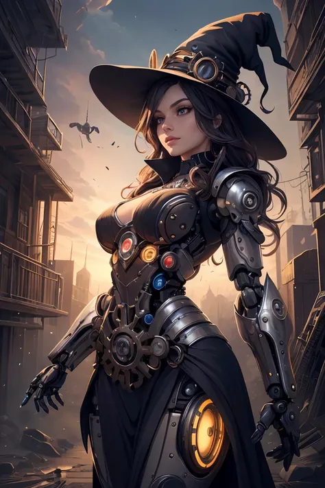 (Masterpiece, best quality:1.2),professional work,extremely detailed,high quality,16K,highres,ultra details,finely detail,an extremely delicate and beautiful,extremely detailed,vibrant color,dominating,biochemical cybernetic ung witch,steampunk clockwork witch hat,cybernetic style witch dress,stray hair,magical aura,dynamic pose,(fractal art:1.5, zentangle:1.1),(epic composition, epic proportion),(gears background),mechanical parts,robot joints,headgear,full armor,mechanical parts,robot joints,headgear,full armor,mecha musume,<lora:GoodHands-beta2:1>