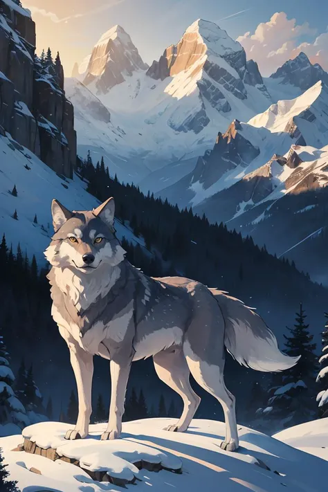 (Masterpiece, best quality:1.2),mountaintop wolf looking at the mountains,unique composition