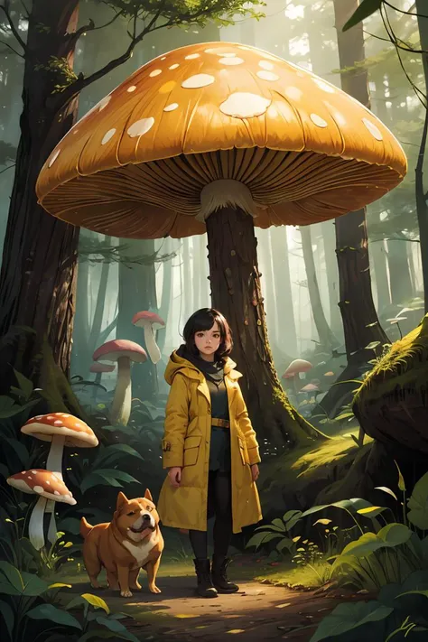 masterpiece,best quality,forest,1girl,(yellow coat:1.1),fat dog,fantasy,unique composition,luminescence mushroom,<lora:GoodHands-beta2:1>