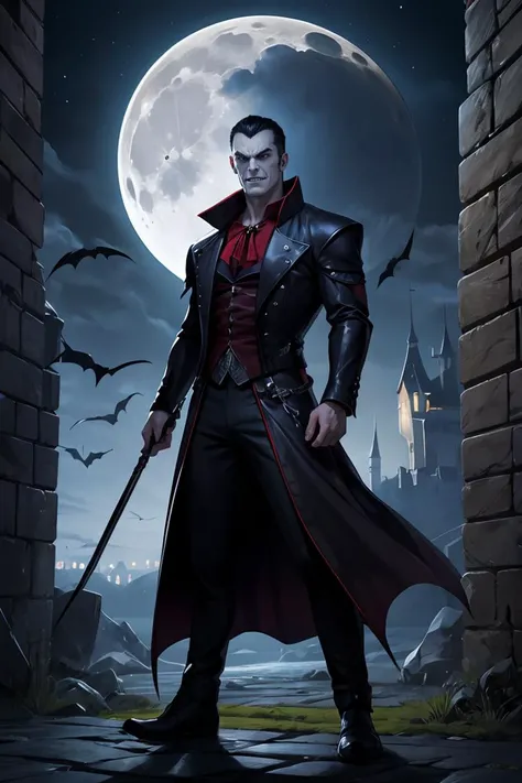 masterpiece, best quality, a angry evil smiling vampire standing,castle night moon, <lora:GoodHands-beta2:1>