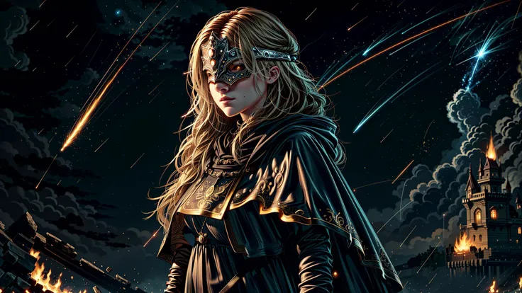 (DarkFantasy), masterpiece, best quality, absurdres, (firekeeper:1.2), cape, cloak, jewelry, dress, capelet, bandaged arm, (masked eyes:1.2), blonde long hair, curvy, massive breasts, (thick thighs), (dynamic pose:1.3), (battlefield castle:1.3), bonfire, cinematic composition, dark lighting, flame light, <lora:firekeeper2:0.8> , <lora:J_diagram:0.8>, J_diagram, bioluminescent, (visible mouth:1.5),  <lora:more_details:0.7>, epic,  figthing pose, candle,  <lora:meteorshower:0.7>, meteor shower,