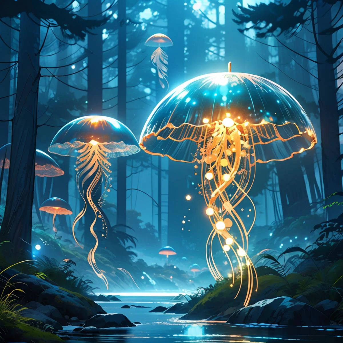 fantasy style, beautiful woman, fantasy jelly fish forest <lora:LCM_LoRA_Weights:1> <lora:jellyfish-noise:1>, <lora:J_diagram:0.5>, J_diagram, bioluminescent