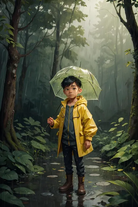 masterpiece,best quality,forest,rain,1boy,yellow raincoat,glow magic,fantasy,<lora:GoodHands-vanilla:1>,