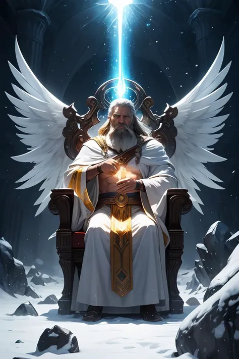 super high resolution, best quality, photo, 8k, (photorealistic: 1.2), cinematic lighting, An old man shaped like a fantz wlop, giant man with beard in bright white robes floating on the crystal throne, floating on crystal clouds, yellow eyes, bright yellow light emitted from the throne, precious stones floating in the sky, God, with beams of light enveloping his body, with large translucent, feathered wings on the crystal throne, wings are open, golden light (halo:1.2) over your head, abdominal muscles dressed in medieval golden armor, beard, masculine, dark, masterpiece, best quality, intricate details, snow environment and crystals in the background, crystal cathedral, portal of the future, 3D light, HD, magic, god of light, backlighting, detailed face, DREAD, depth of field, soft lighting, mapped tone, highly detailed, concept art, smooth, sharp focus, dramatic lighting, highly detailed art, cinematic, 8K, amazing shadows (highly detailed background: 1.2), a viking, a spartan, fighting, blood, sweat, war, full body image, holding the bjorn in his left hand.