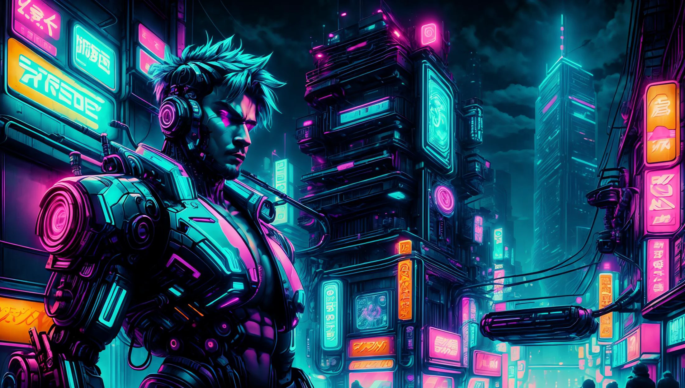 a man with boobs in a city, neon lights, CyberpunkAI, <lora:CyberpunkWorld:1>, night, cyberpunk, 1 man, boobs, robotic arm, <lora:more_details:1>