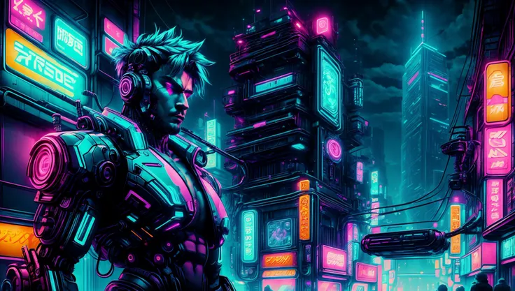 a man with boobs in a city, neon lights, CyberpunkAI,  <lora:CyberpunkWorld:1>, night, cyberpunk, 1 man, boobs, robotic arm,  <lora:more_details:1>